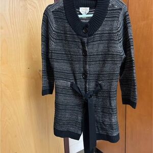Talbots Black and Gray Long Cardigan with Tie Waist